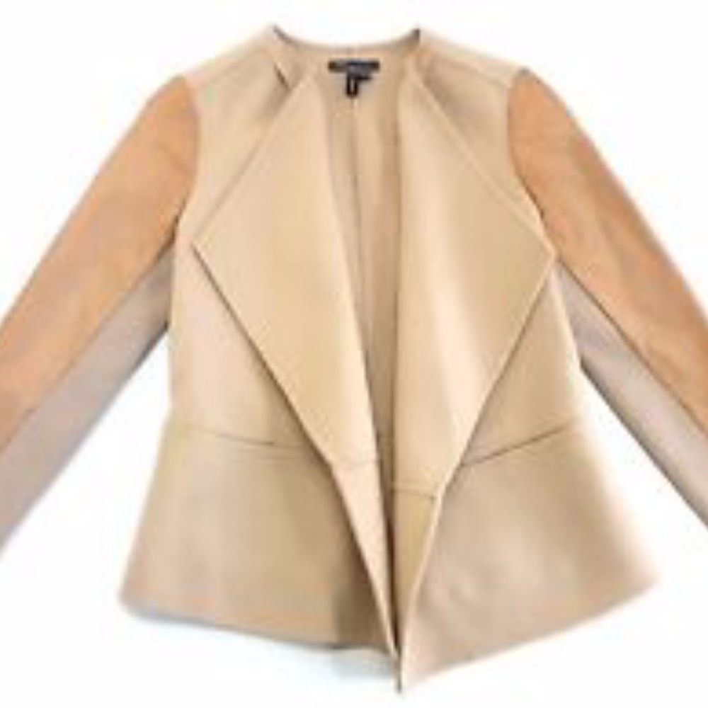 VINCE Sz S Open Front Wool/Leather Jacket